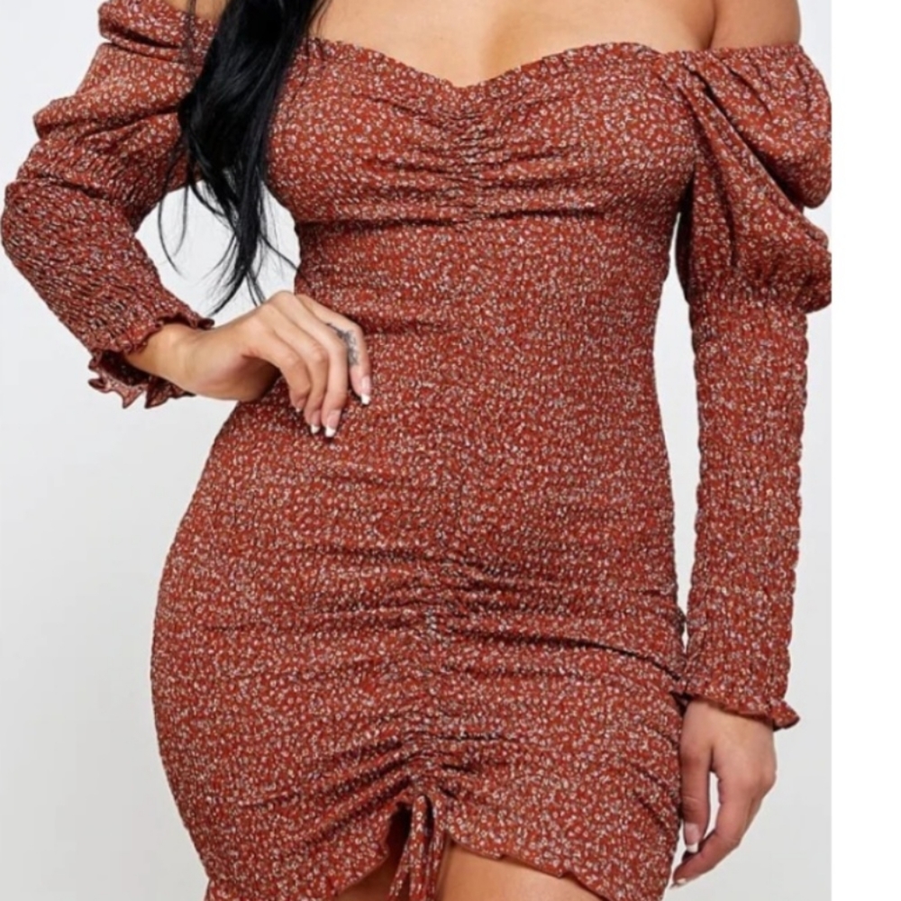 Floral Off Shoulder Dress (Rust)